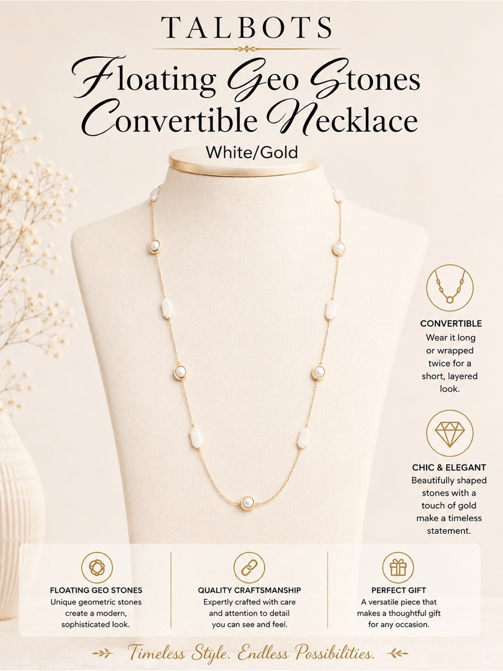 Talbots Floating Geo Stones Convertible Necklace White/Gold